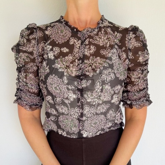 Veronica Beard Natuka black green sheer floral print ruffle trim blouse size 4 - Picture 15 of 16